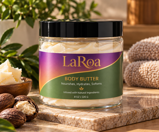 LaRoa Body Butter in clear 8 oz jar with black lid and purple sage gold label